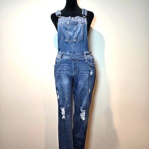 Wallflower Denim Distressed Skinny Leg Overalls Tomboy Bibs Medium